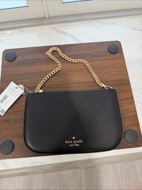 kate spade Black Leather Crossbody with Gold Chain